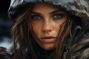 Intense gaze of a soldier in the field photo