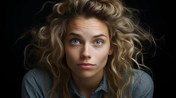 Thoughtful young woman with curly blonde hair photo