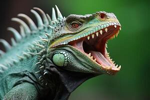 Closeup of a fierce looking green iguana with sharp teeth and spikes photo