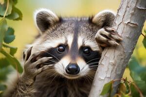 Curious raccoon peering out from behind tree trunk photo
