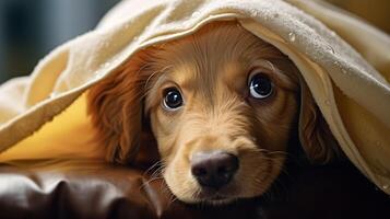 Adorable puppy peeking out from under a blanket photo