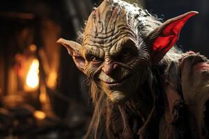 Mysterious fantasy creature with wrinkled face and red horns photo