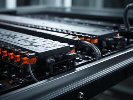 Close up of audio mixing console with knobs and sliders photo