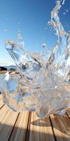 Splashing water droplets on wooden surface photo