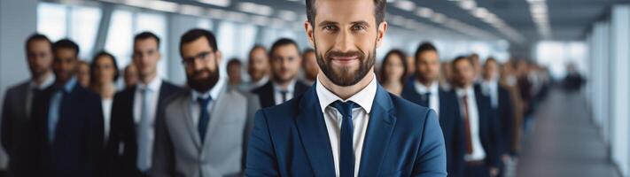 confident businessman leading a group of professionals photo