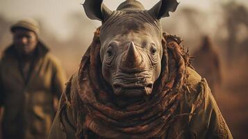 Close up portrait of a rhinoceros with a desert backdrop photo