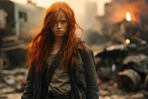 Mysterious young woman with vibrant red hair standing in an urban setting photo