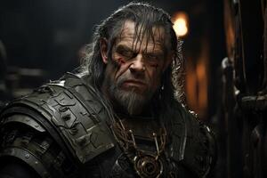 Rugged warrior with battle scars and intense expression photo