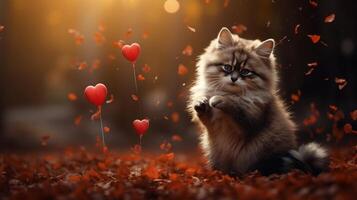 Fluffy cat surrounded by heart shaped balloons and autumn leaves photo