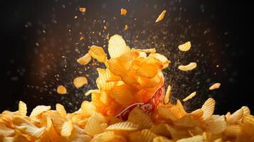 Explosion of crispy potato chips photo