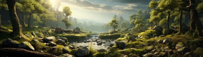 Lush green forest landscape with stream and rocks photo
