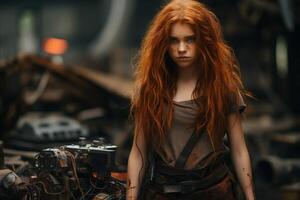 Mysterious redheaded woman in post apocalyptic setting photo