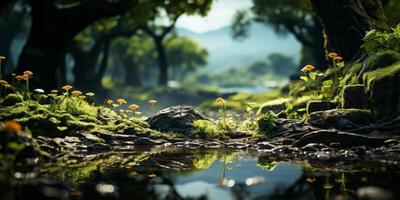serene forest landscape with reflection in pool photo