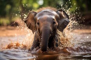 Playful elephant splashing in water photo
