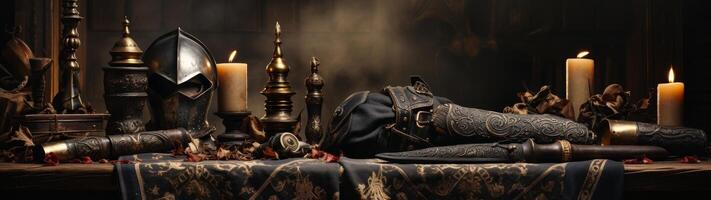 Mysterious medieval still life with armor and candles photo