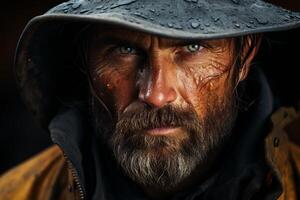 Rugged man with beard and piercing eyes in the rain photo