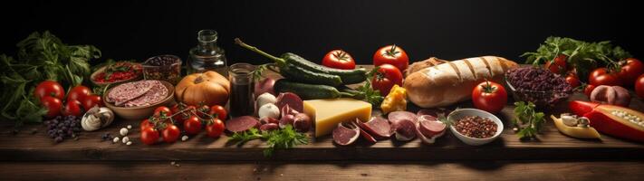 Assortment of fresh vegetables, meats, and condiments on wooden table photo