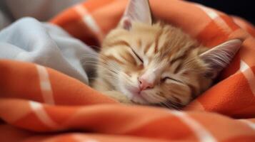 Sleeping kitten cuddled in cozy orange blanket photo