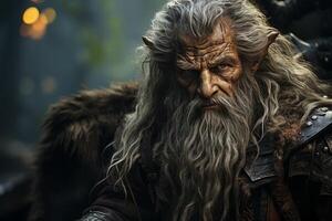 Rugged warrior with long gray beard and fur trimmed armor photo