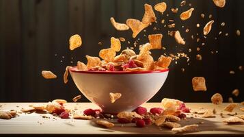 Crunchy cereal with raspberries falling into a bowl photo