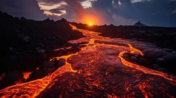 Fiery lava flow at sunset in volcanic landscape photo