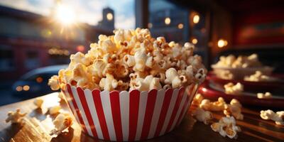 Delicious popcorn in a striped container at sunset photo