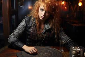 Mysterious woman with curly red hair sitting at a table in a dimly lit room photo