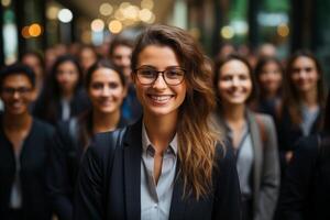 smiling woman in business attire in a crowd photo