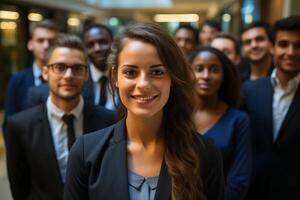 Smiling businesswoman in a crowd of colleagues photo