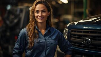 Smiling woman in a blue work uniform standing in front of a car photo