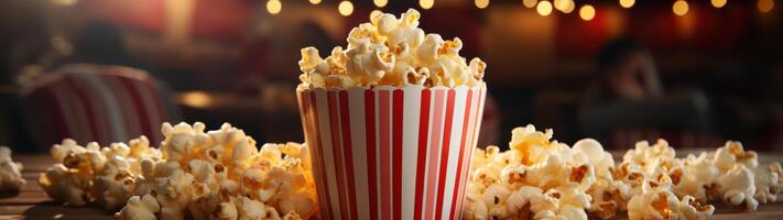 Freshly popped popcorn in a striped box photo