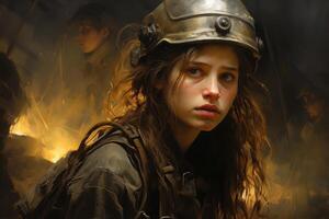 Determined female soldier with helmet in combat zone photo