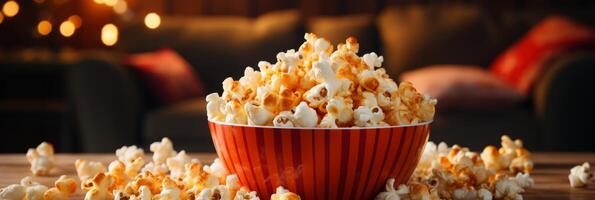 Delicious buttery popcorn in a red and white striped bowl photo