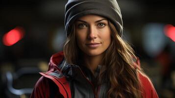 woman in red jacket and gray hat looking at camera photo