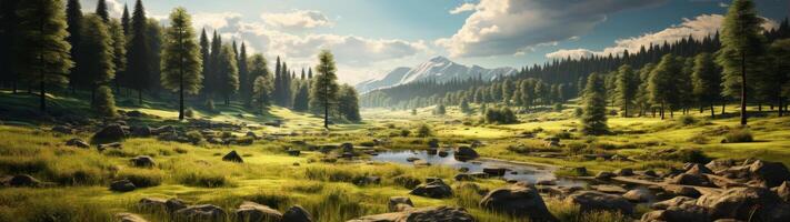 Serene mountain landscape with lush green meadow and stream photo