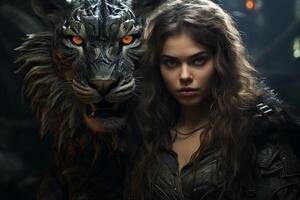 Fierce female warrior with a dark fantasy creature photo