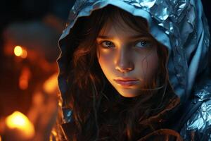 Mysterious hooded figure in the dark photo