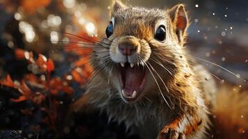 Closeup of a curious squirrel with an open mouth photo