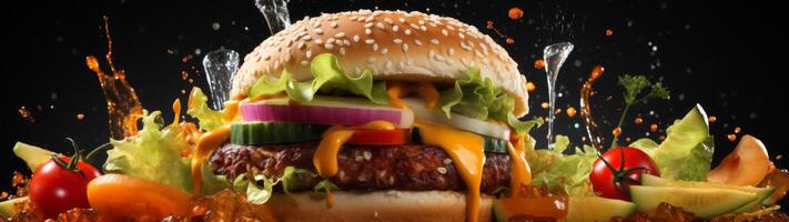 Delicious Juicy Burger with Vegetables and Splash photo