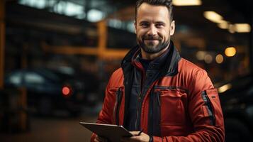 Man in red jacket holding a digital tablet photo