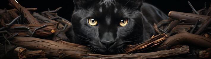 Mysterious black cat with piercing eyes in the shadows photo