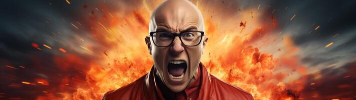 intense man with glasses screaming in front of explosion photo