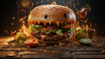 Delicious Burger with Melting Cheese and Vegetables photo