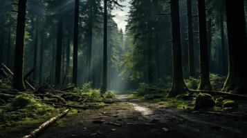 Enchanting forest path through lush greenery photo