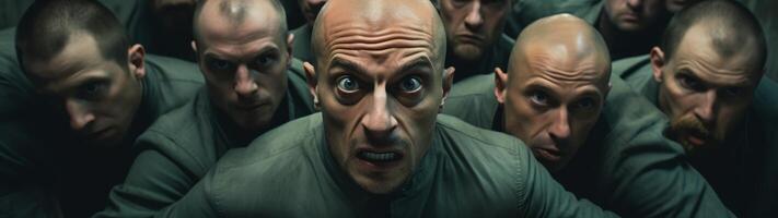 Intense group of bald men with intense expressions photo