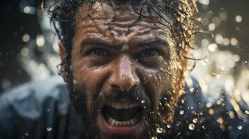 intense close up of a mans face with water splashing photo