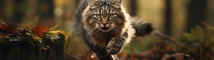Majestic forest cat in autumn leaves photo