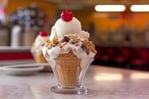 Delicious ice cream sundae with whipped cream and cherry on top photo