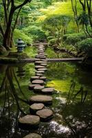 Serene Japanese garden with stone path and reflection pool photo