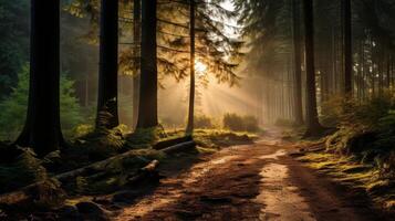 Enchanting forest path with sunlight filtering through the trees photo